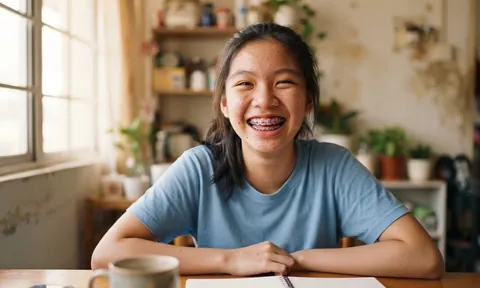 Teenage girl laughing at a table, showing her metal braces