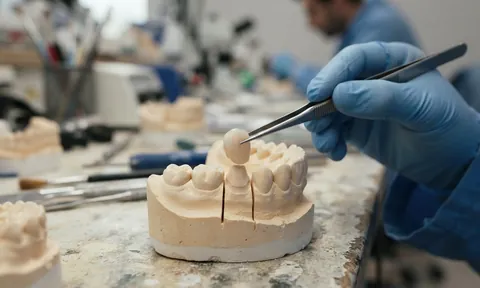 Tweezers placing a porcelain crown onto a tooth on a dental model