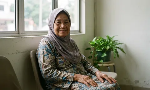 Smiling elderly woman in a batik baju kurung and headscarf, seated by a window at the clinic