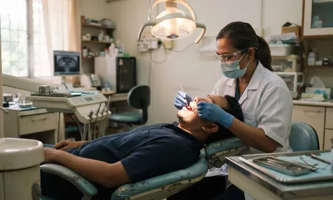 Dentist in a mask and blue gloves examining a patient reclined in the dental chair
