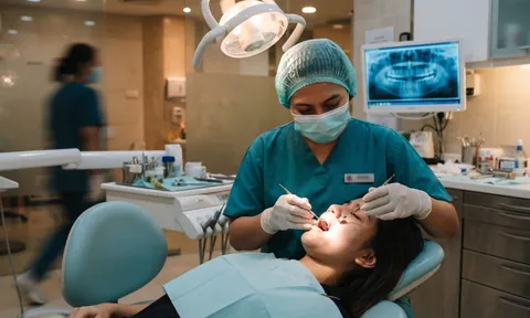 Dentist treating a patient in the dental chair, with a dental X-ray on the screen behind