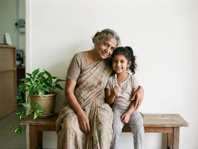 A grandmother and her young granddaughter smiling together in a clinic waiting area