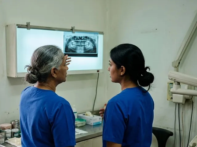 An older and a younger dentist in blue scrubs studying a dental X-ray on a lightbox together