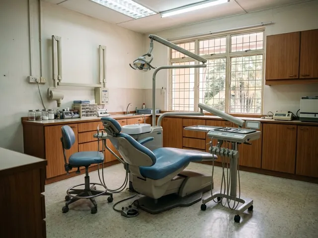 A well-kept dental chair and lamp in a long-running neighbourhood clinic, lit by afternoon sun